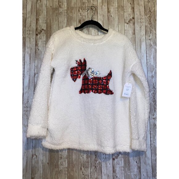 Time And Tru Christmas Sweatshirt Scottie Dog Sequin Red Black Plaid Size Small - Picture 1 of 10